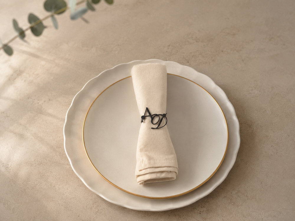 Gold personalised monogram napkin ring with magnetic close on a gold rimmed plate