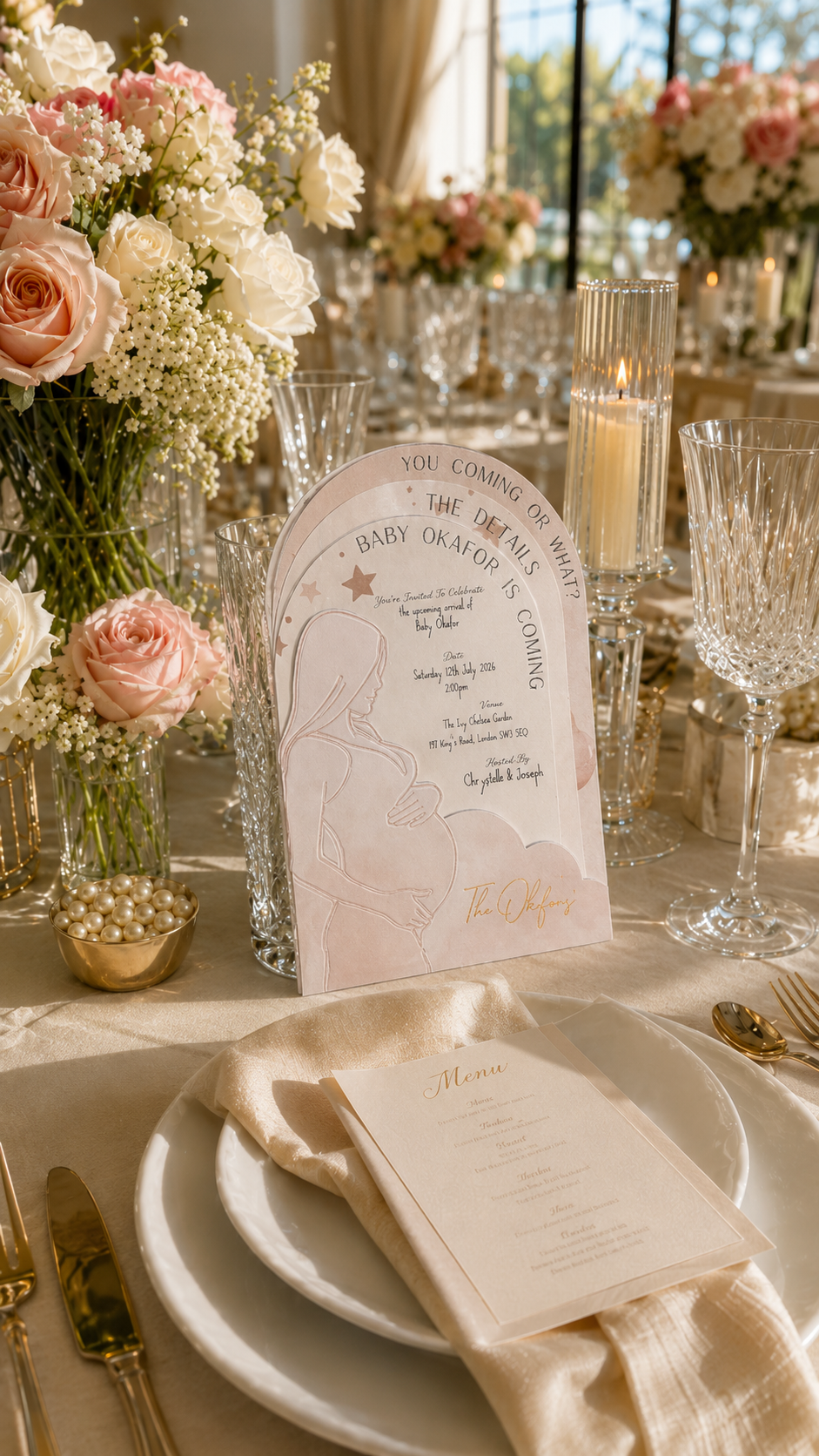 A wedding table setting featuring a decorative arched invitation suiye, paired with a matching napkin and plates on a table decorated with pink and white floral arrangements.