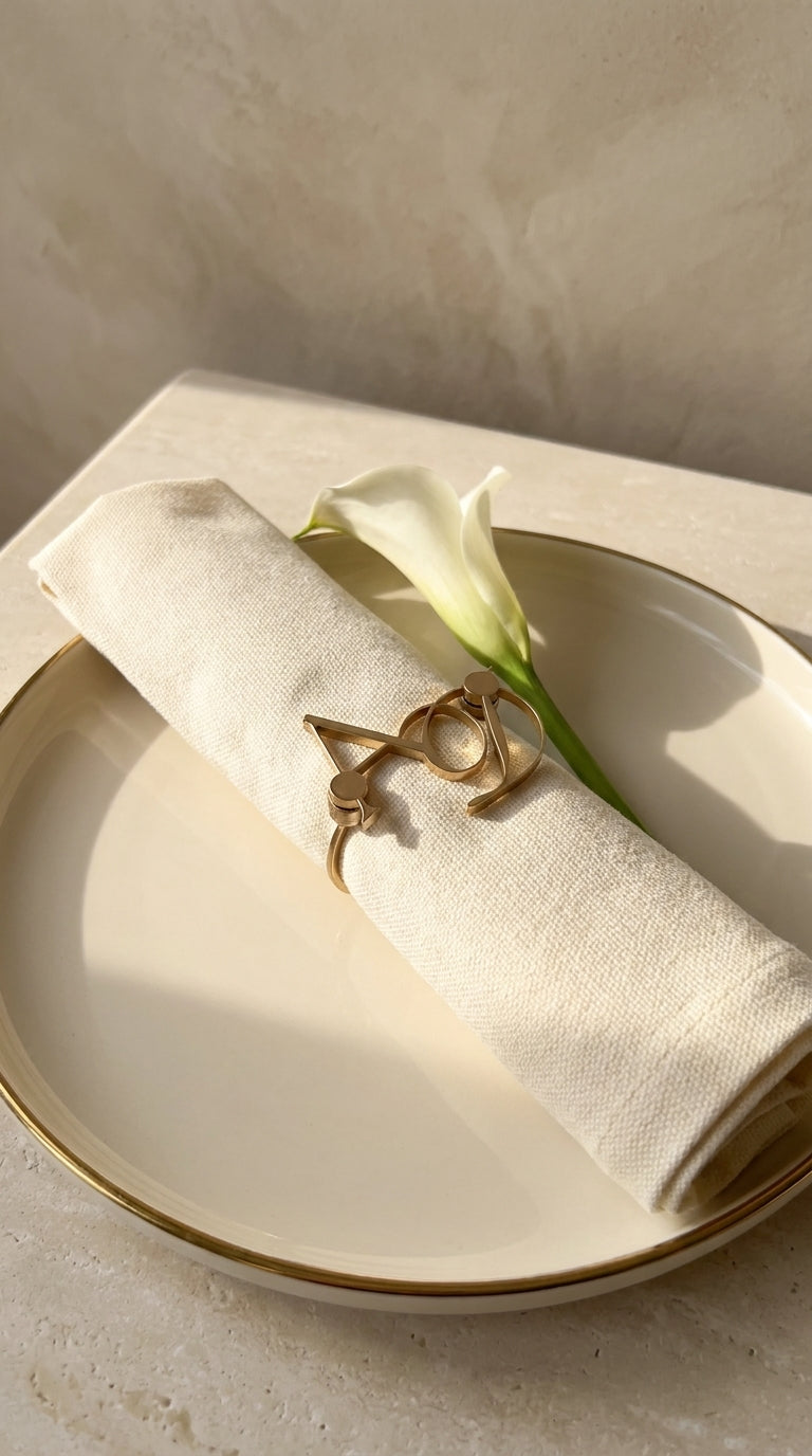 Personalised gold monogram napkin ring with entwined initials on an ivory linen napkin