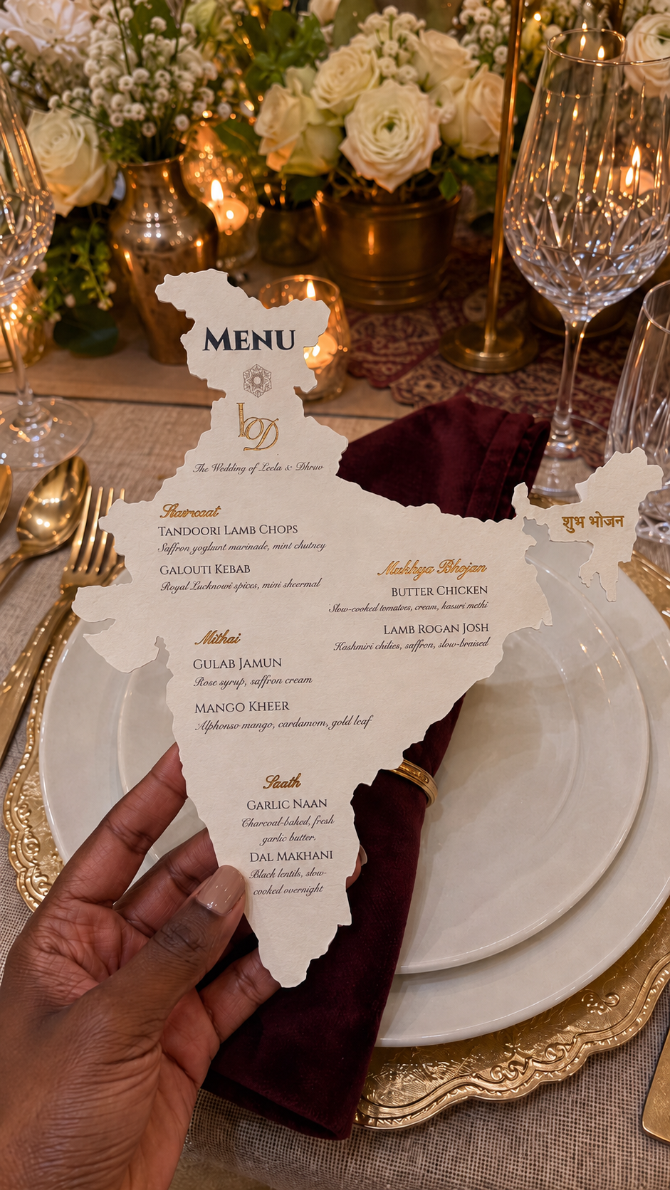 Personalised India shaped wedding menu with metallic gold foil headings on ivory watercolour cardstock