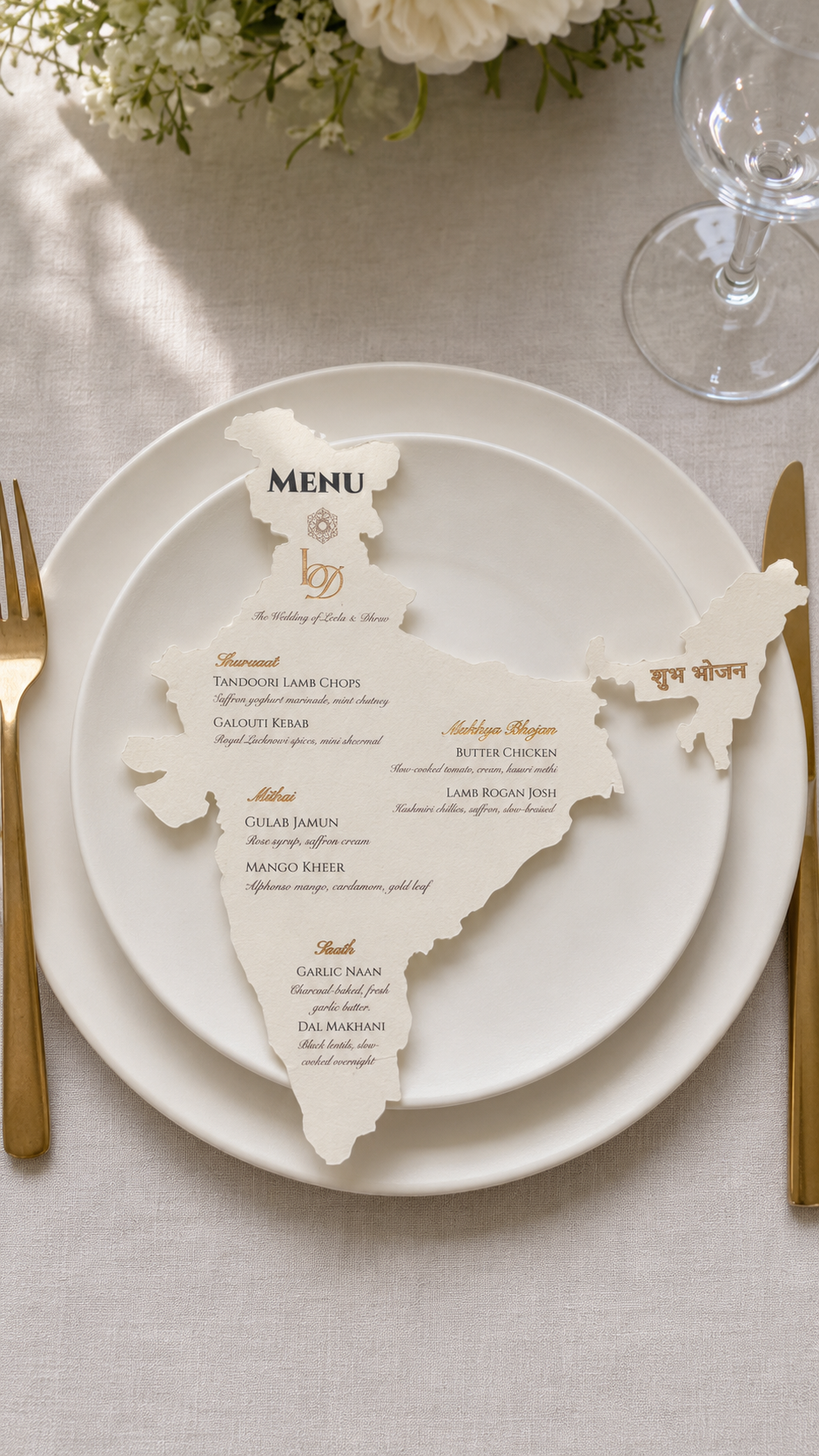 India country shaped wedding menu card styled on a layered place setting