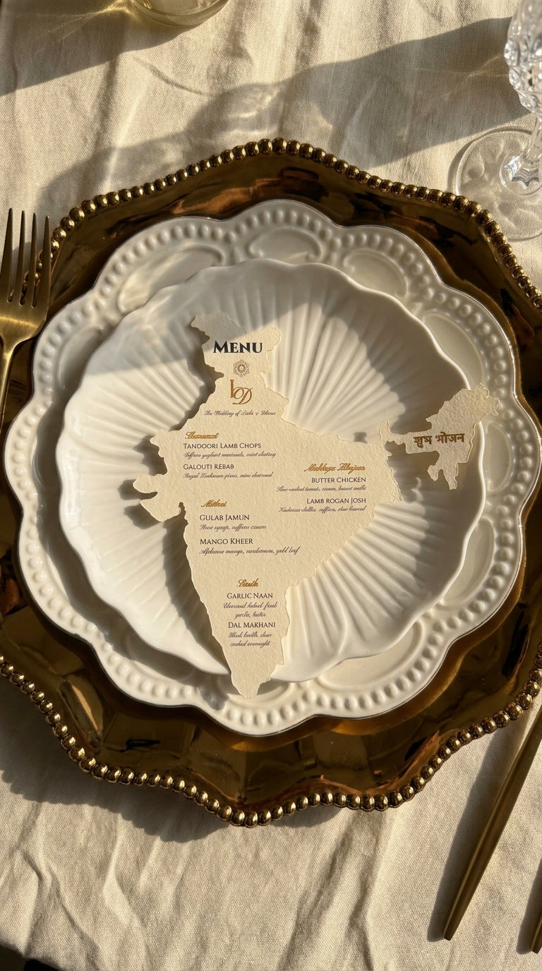 Heritage Silhouette India menu displayed on a luxury wedding tablescape