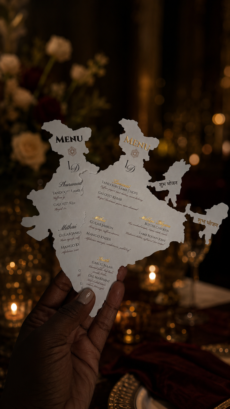 India shaped wedding menu in a candlelit table setting, personalised Heritage Silhouette menu card