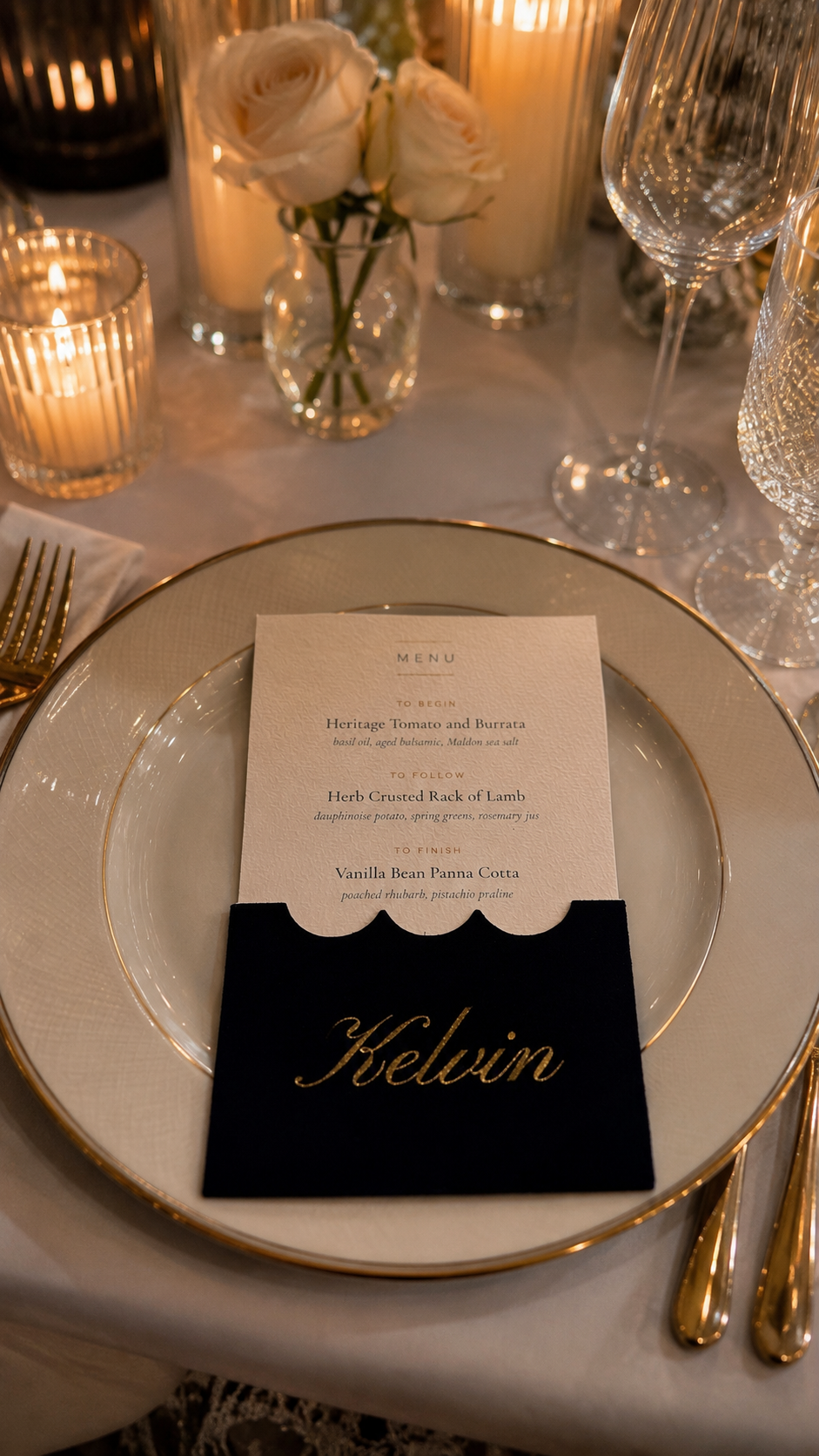 Velvet place card and menu held in the hand, gold engraving catching the light