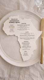 Africa continent shaped personalised wedding menu card with printed courses and couple details