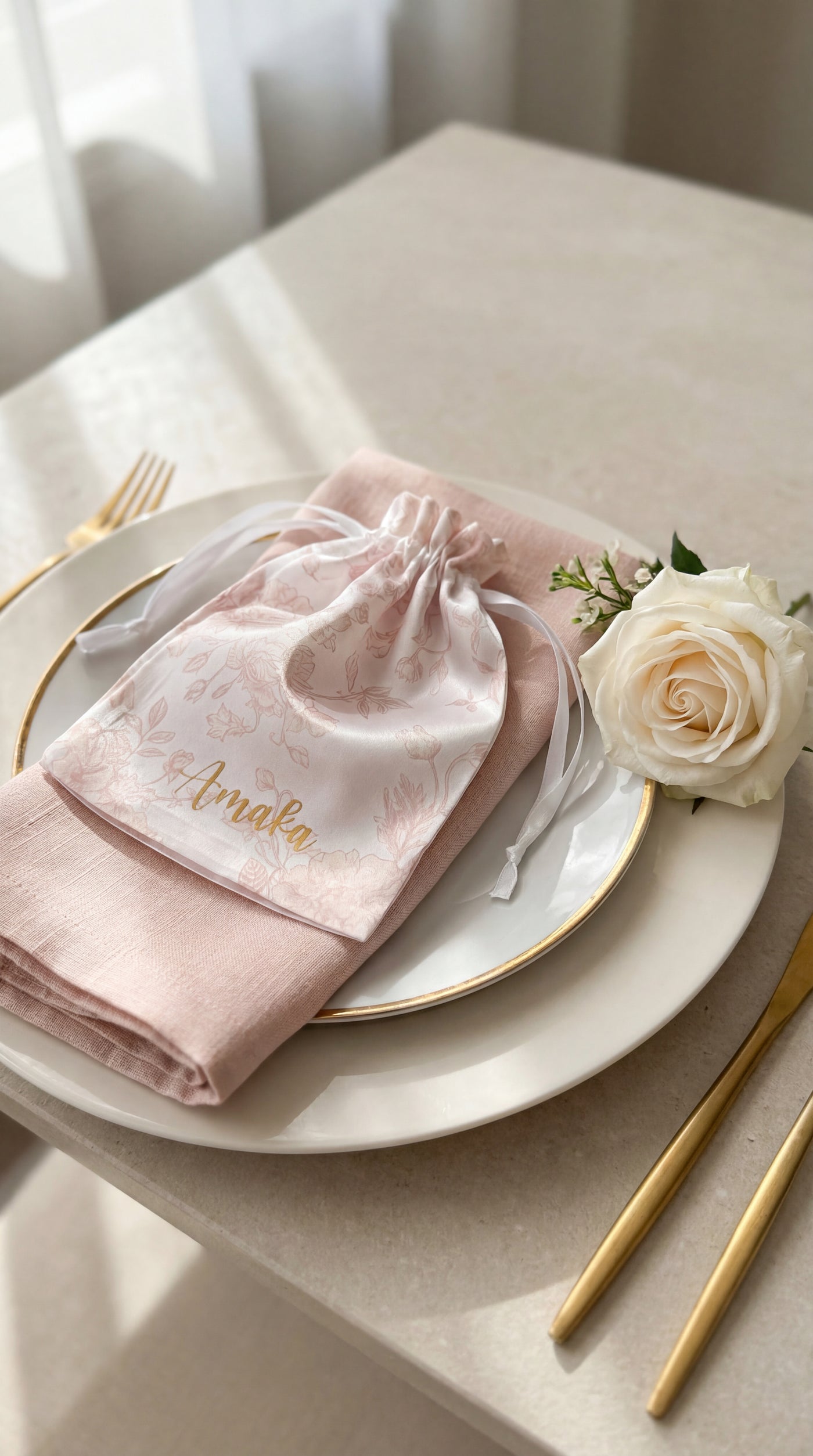 blush pink satin personalised keepsake bag with text for wedding favour