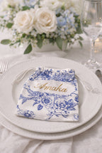 navy blue satin personalised keepsake bag with gold text for wedding favour