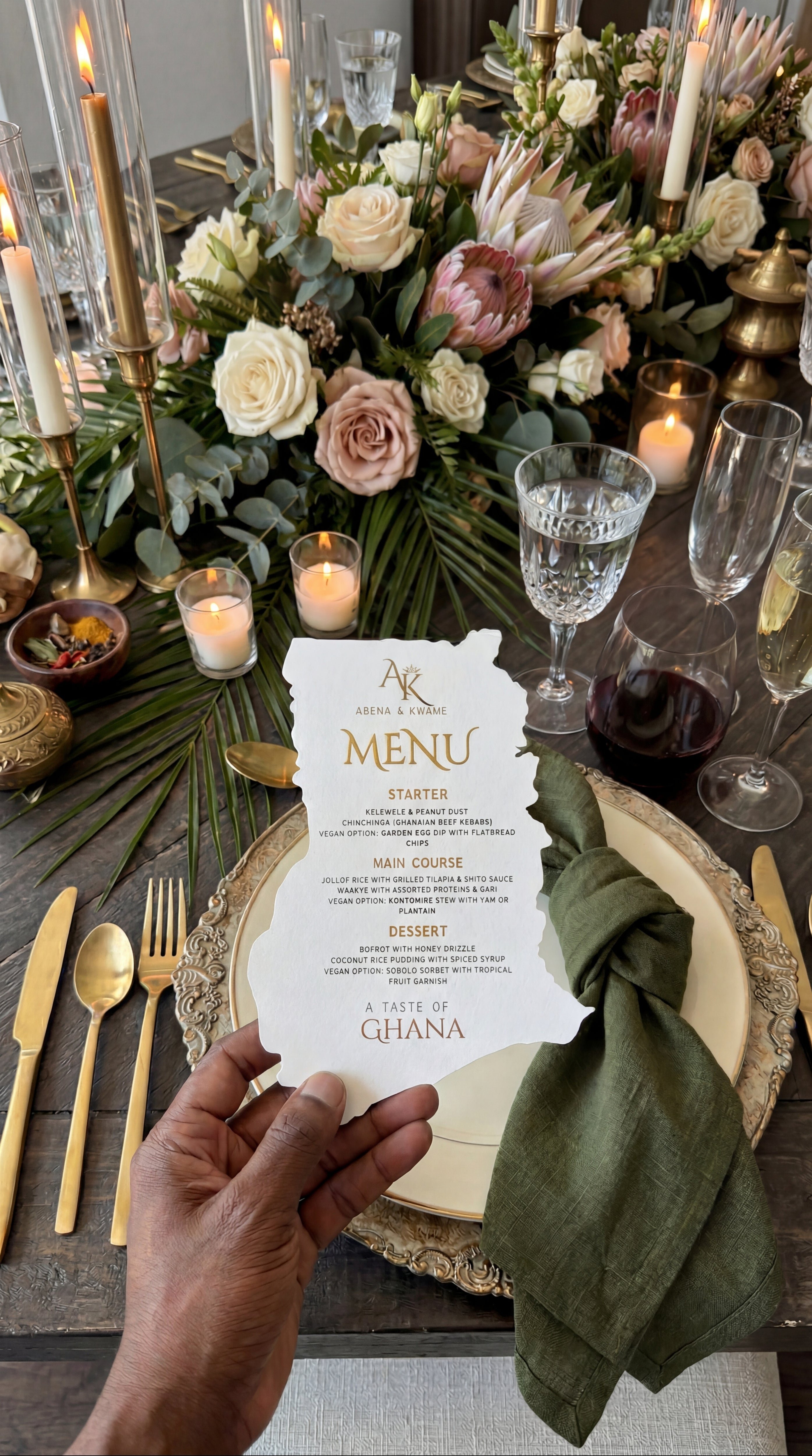 Ghana country shaped menu held in hand showing printed wedding courses and details