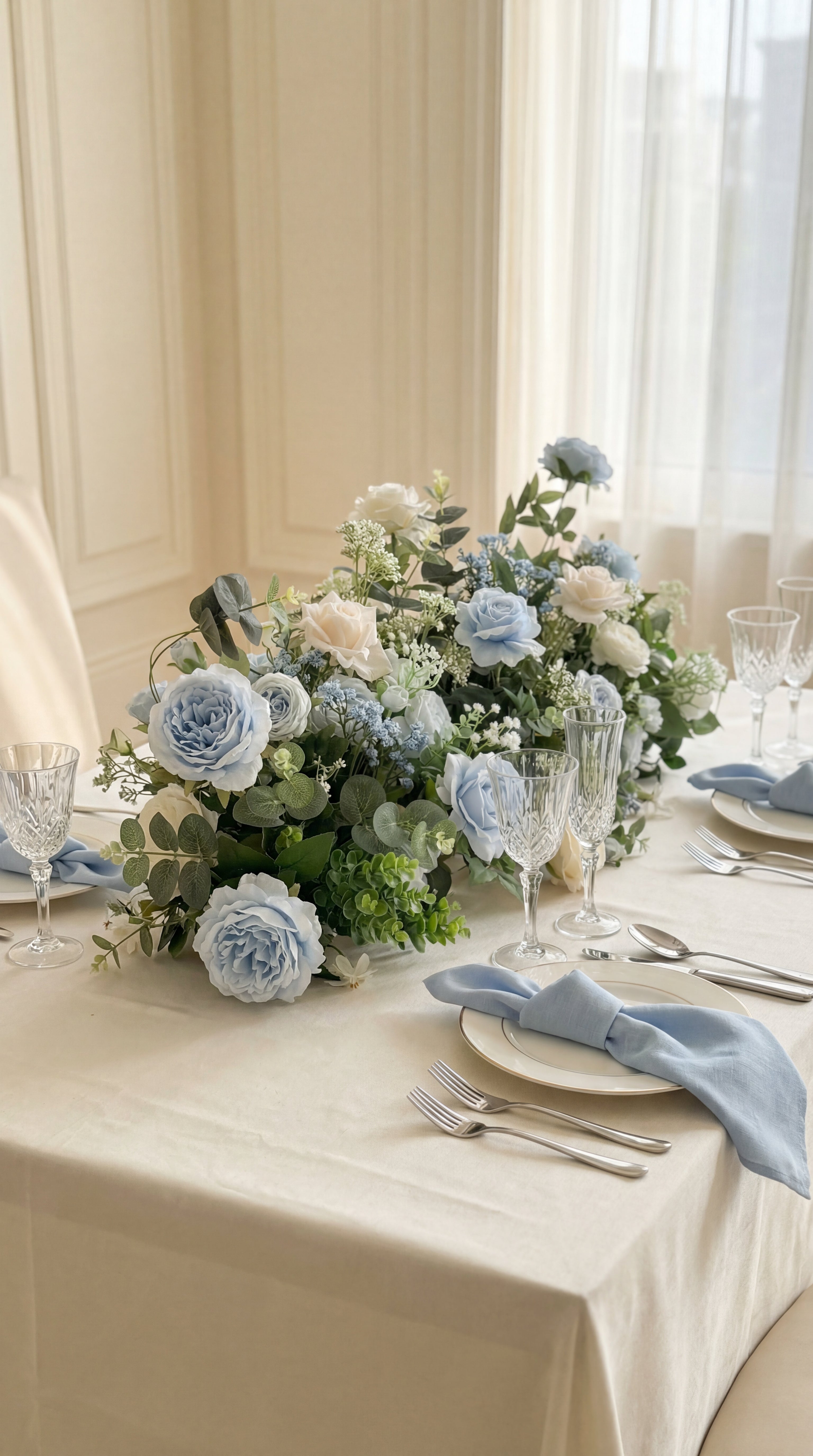 luxury blue faux floral arrangement centrepiece for wedding or event table