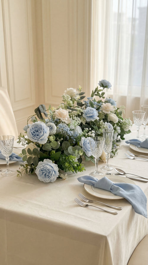 luxury blue faux floral arrangement centrepiece for wedding or event table