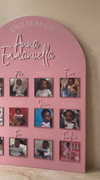 personalised milestone memory board signage for first birthday with photos and details