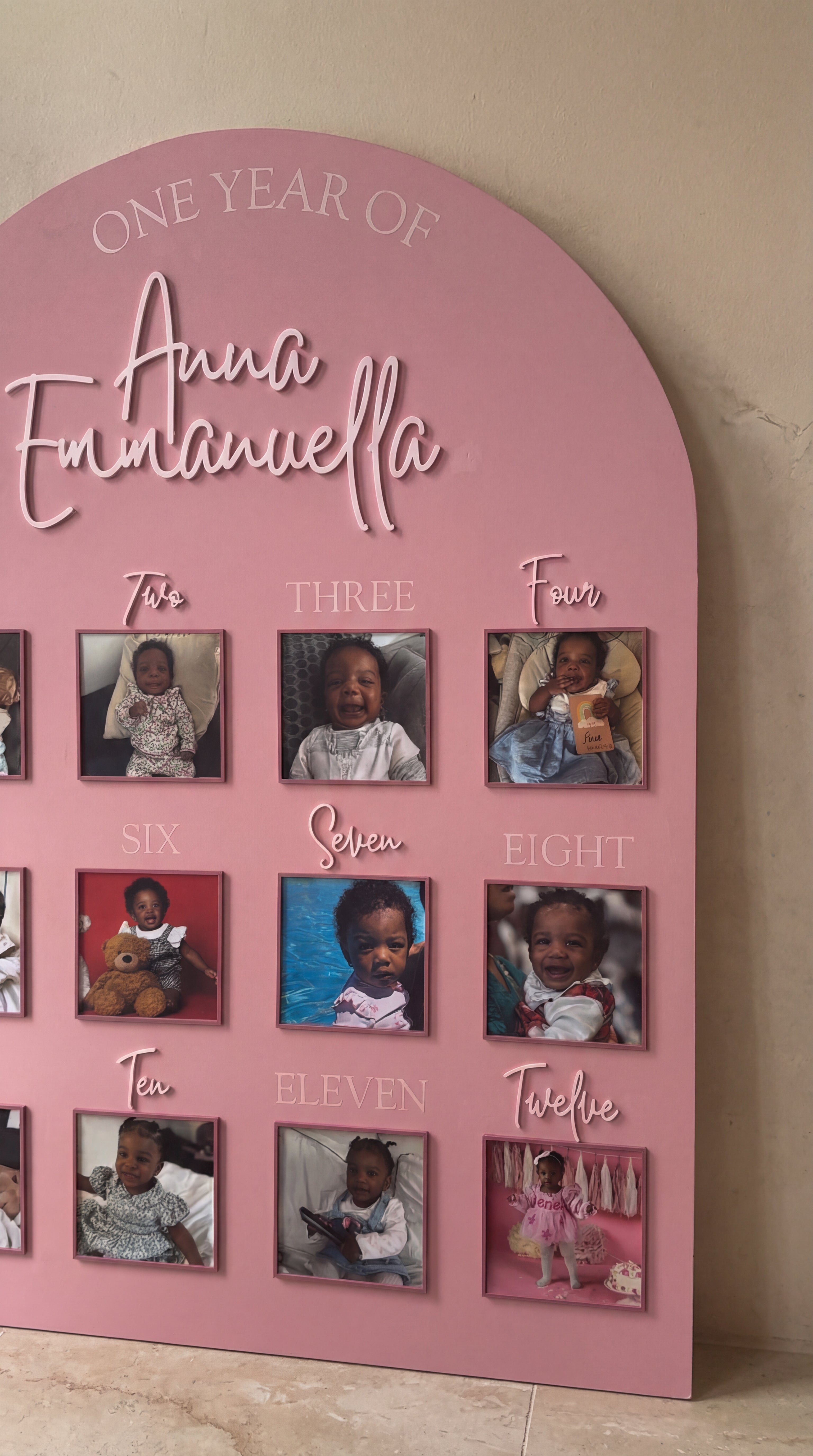 personalised milestone memory board signage for first birthday with photos and details