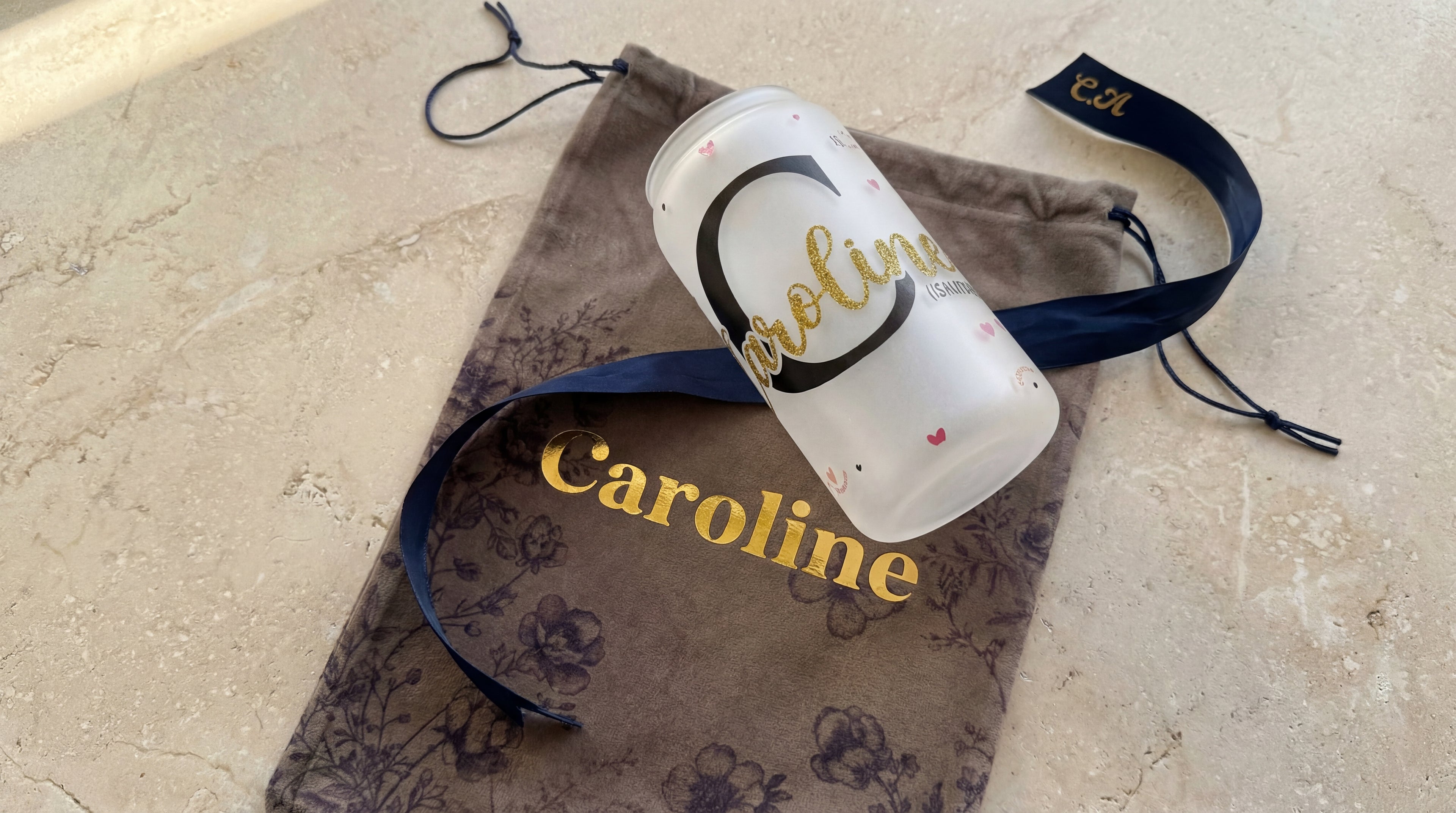 luxury faux velvet drawstring keepsake bag with personalised toile pattern print